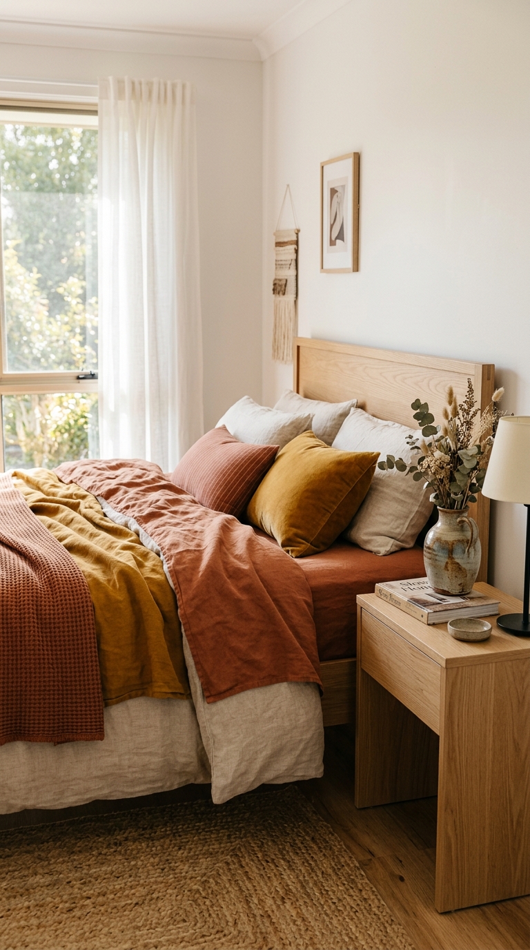 Cozy fall bedroom with warm rust and mustard color palette and natural light