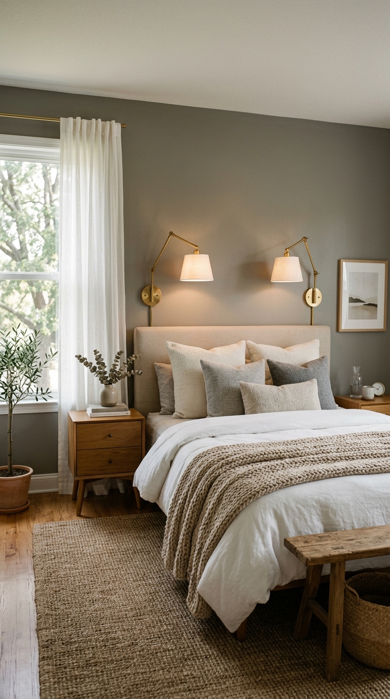 Warm gray bedroom walls paired with brass accents for a cozy feel