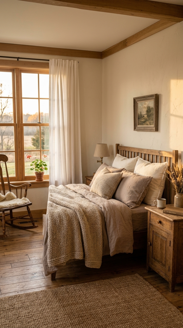 Warm neutral color palette in a cozy farmhouse bedroom