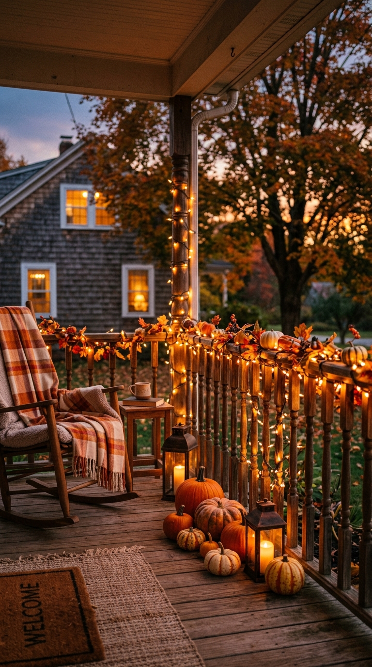 Warm string lights wrapped around porch railing for cozy fall evening decor.