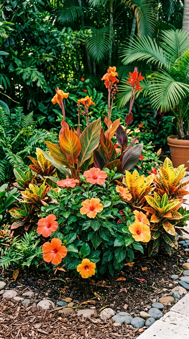 Small tropical garden with warm-toned hibiscus, canna, and croton plantings