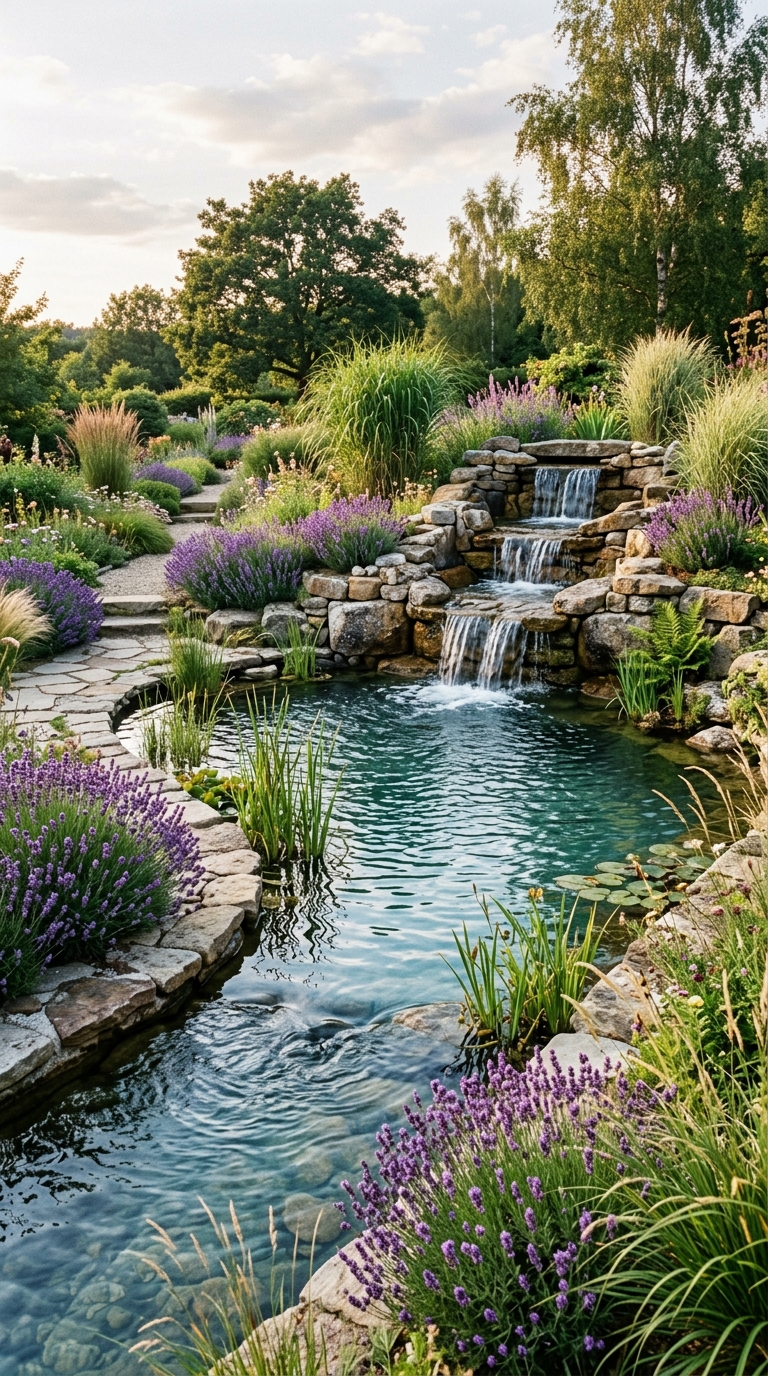 Natural swimming pool with stone waterfall surrounded by lavender and ornamental grasses