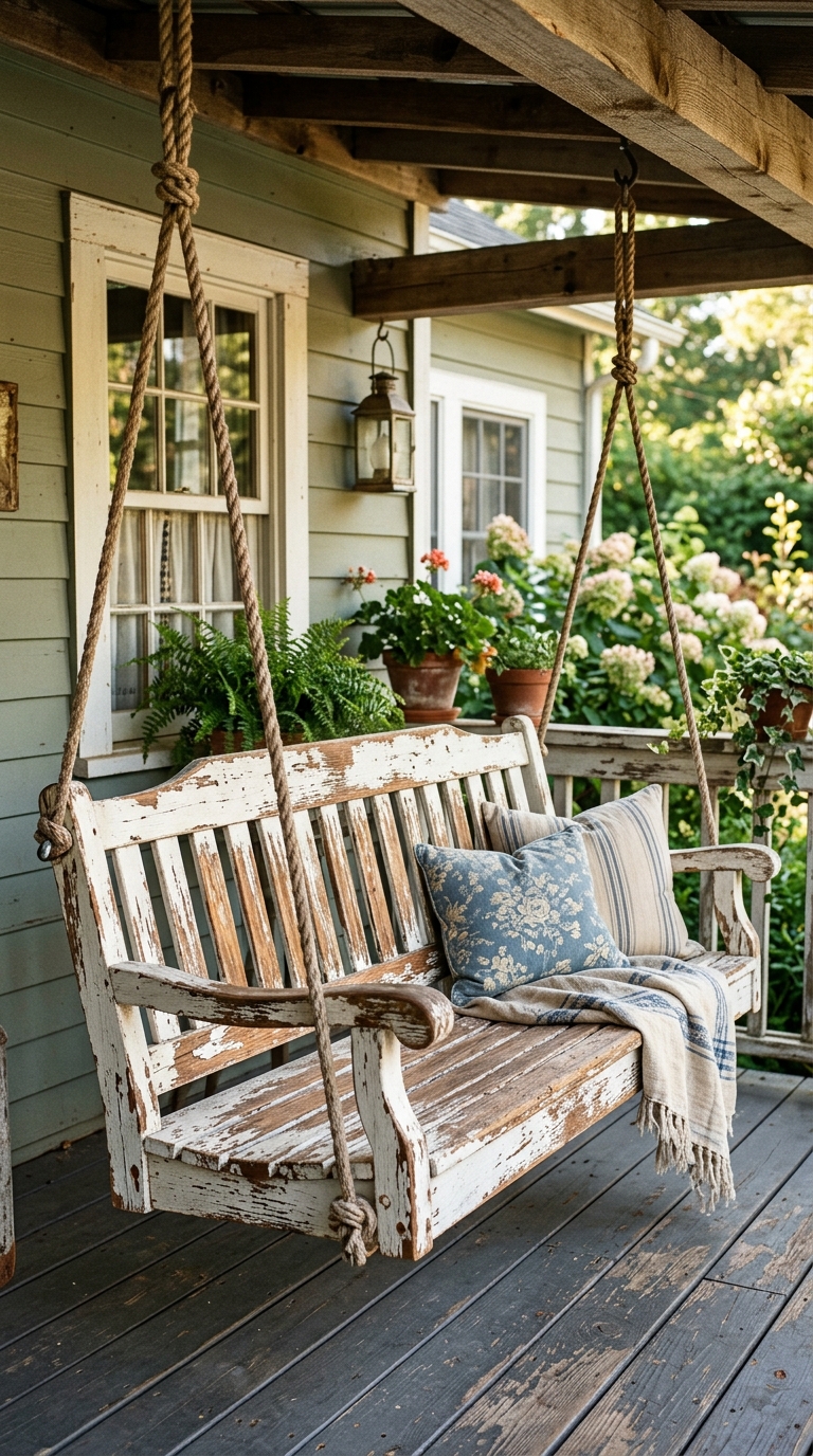 Weathered distressed white porch swing for vintage front porch charm