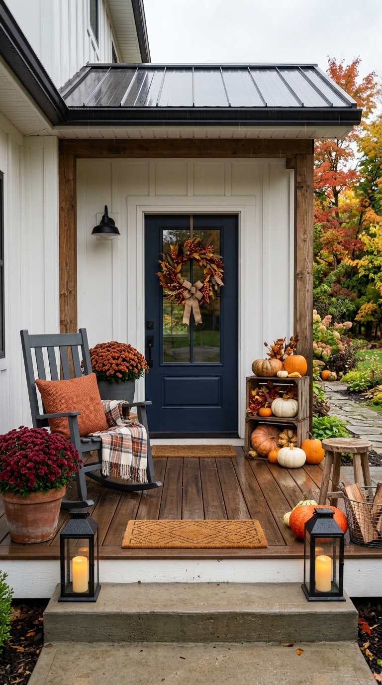 Weatherproofed fall porch decor with faux florals and outdoor fabric pillows