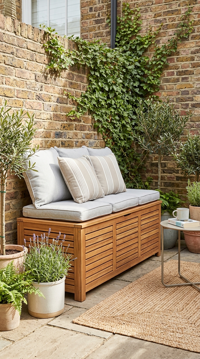 Weatherproof storage bench idea for small patio seating