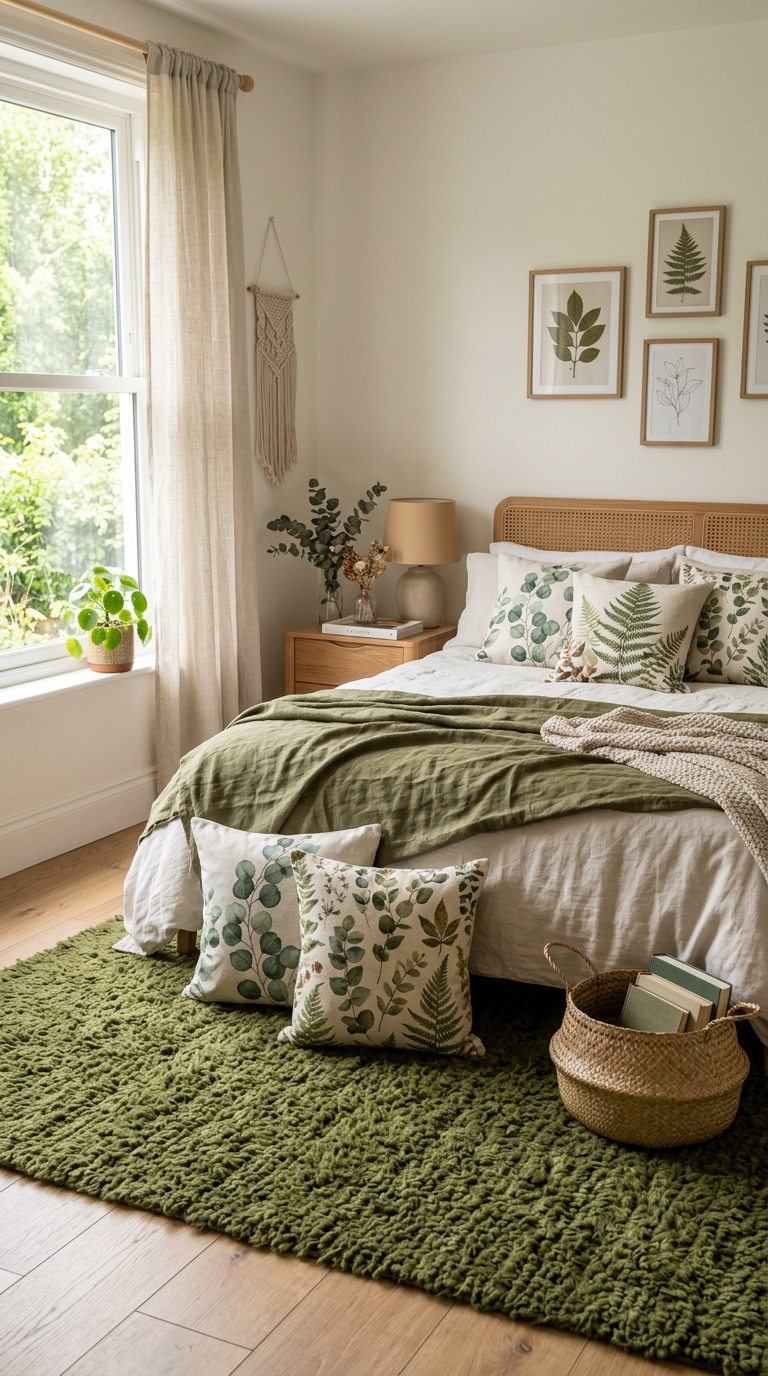 Moss-green textured rug and botanical print pillows in a nature-inspired whimsical bedroom.