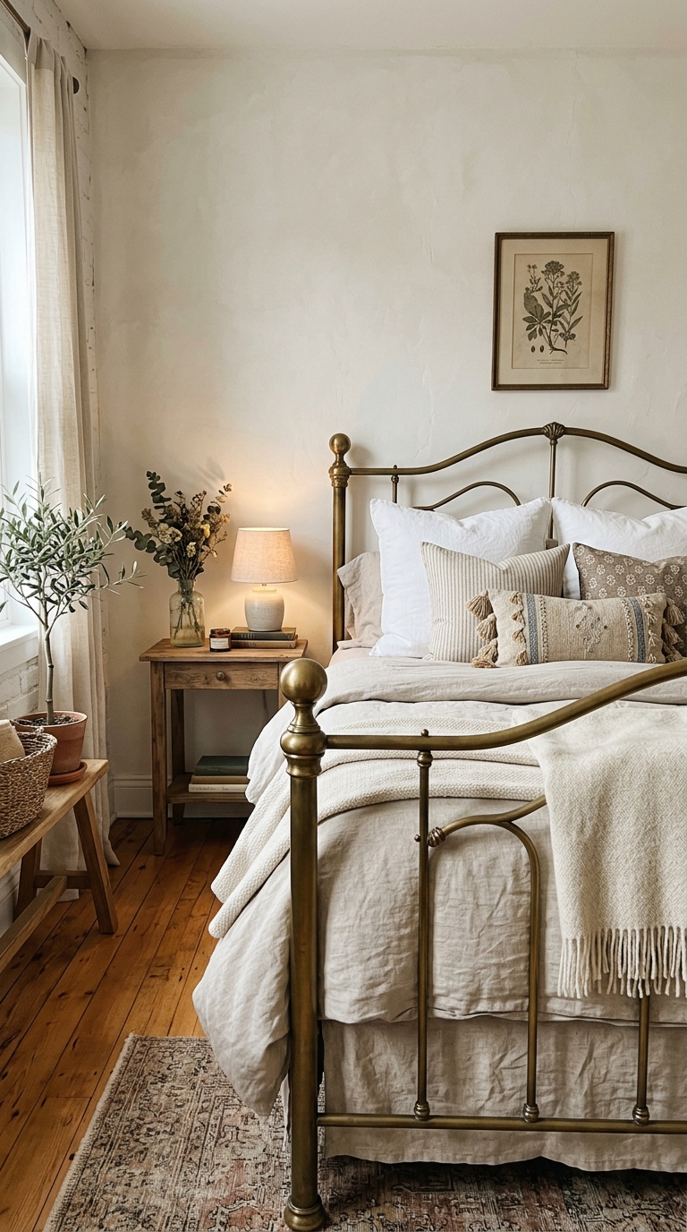 Antique brass bed frame adding old-world charm to a whimsical bedroom design.