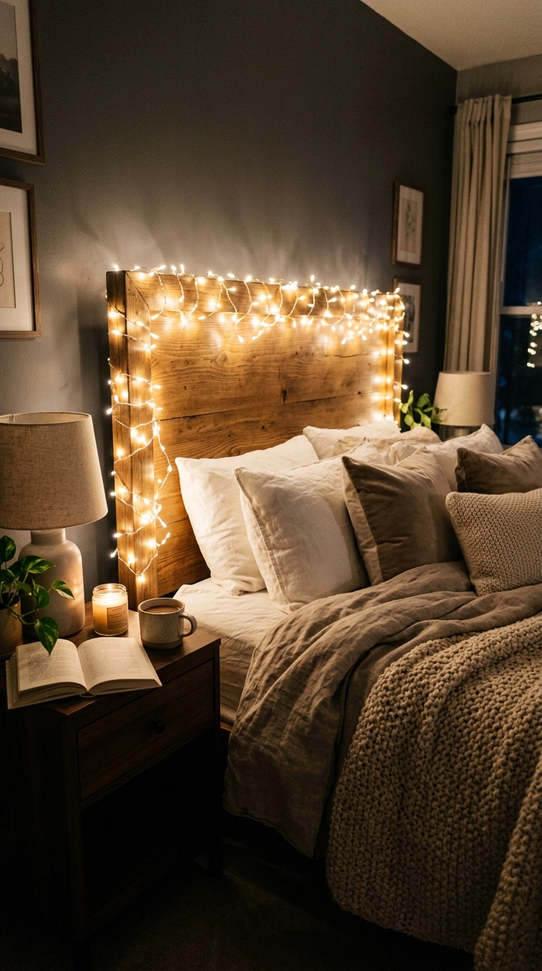 Warm white fairy lights draped along a bedroom headboard for soft whimsical ambiance.
