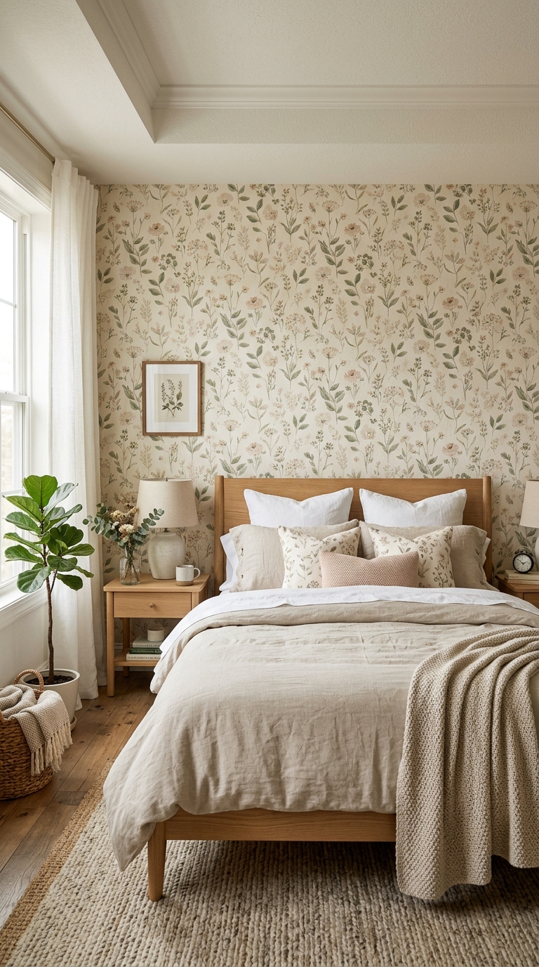 Floral botanical wallpaper accent wall behind the bed in a whimsical bedroom design