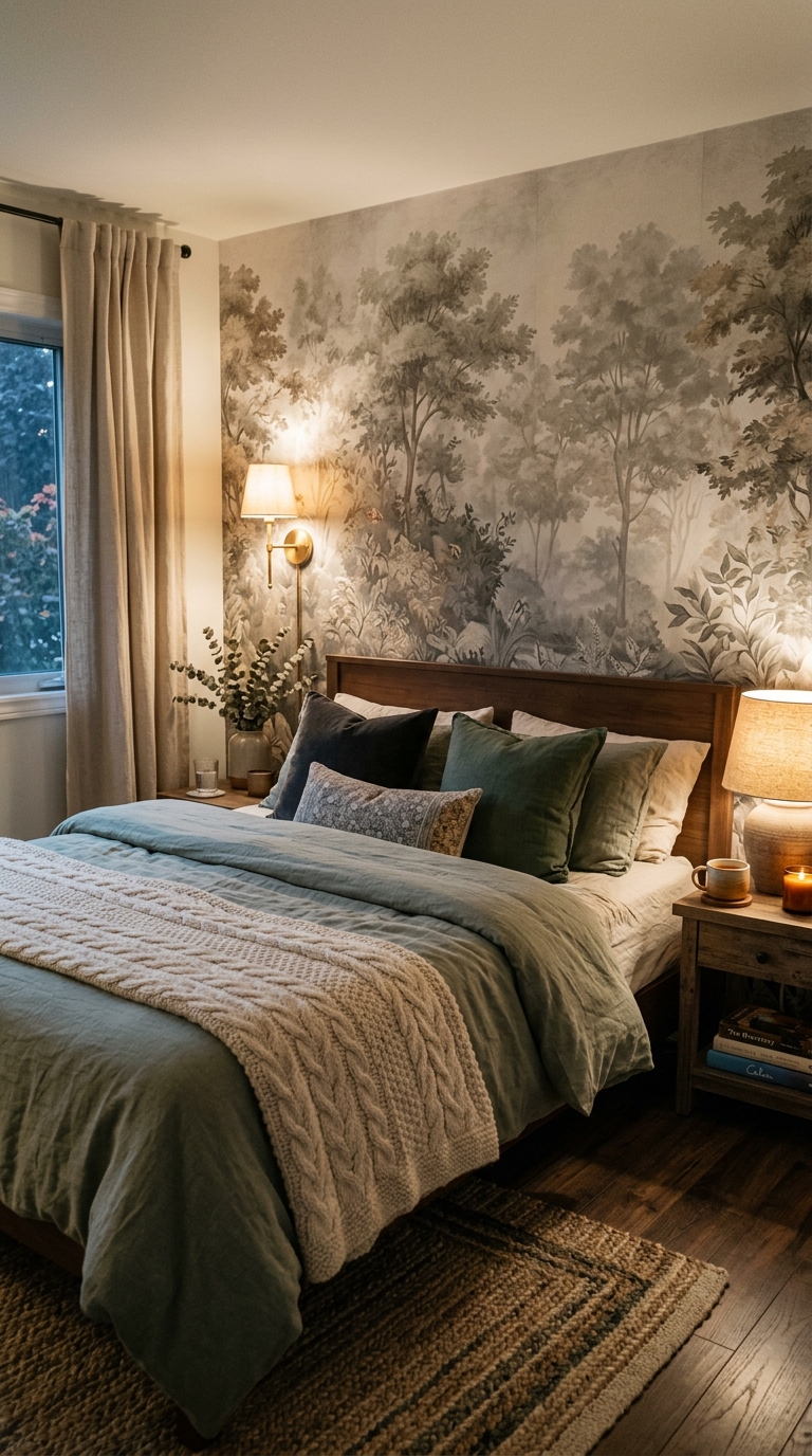 Muted-tone forest mural wallpaper creating an immersive woodland whimsical bedroom.