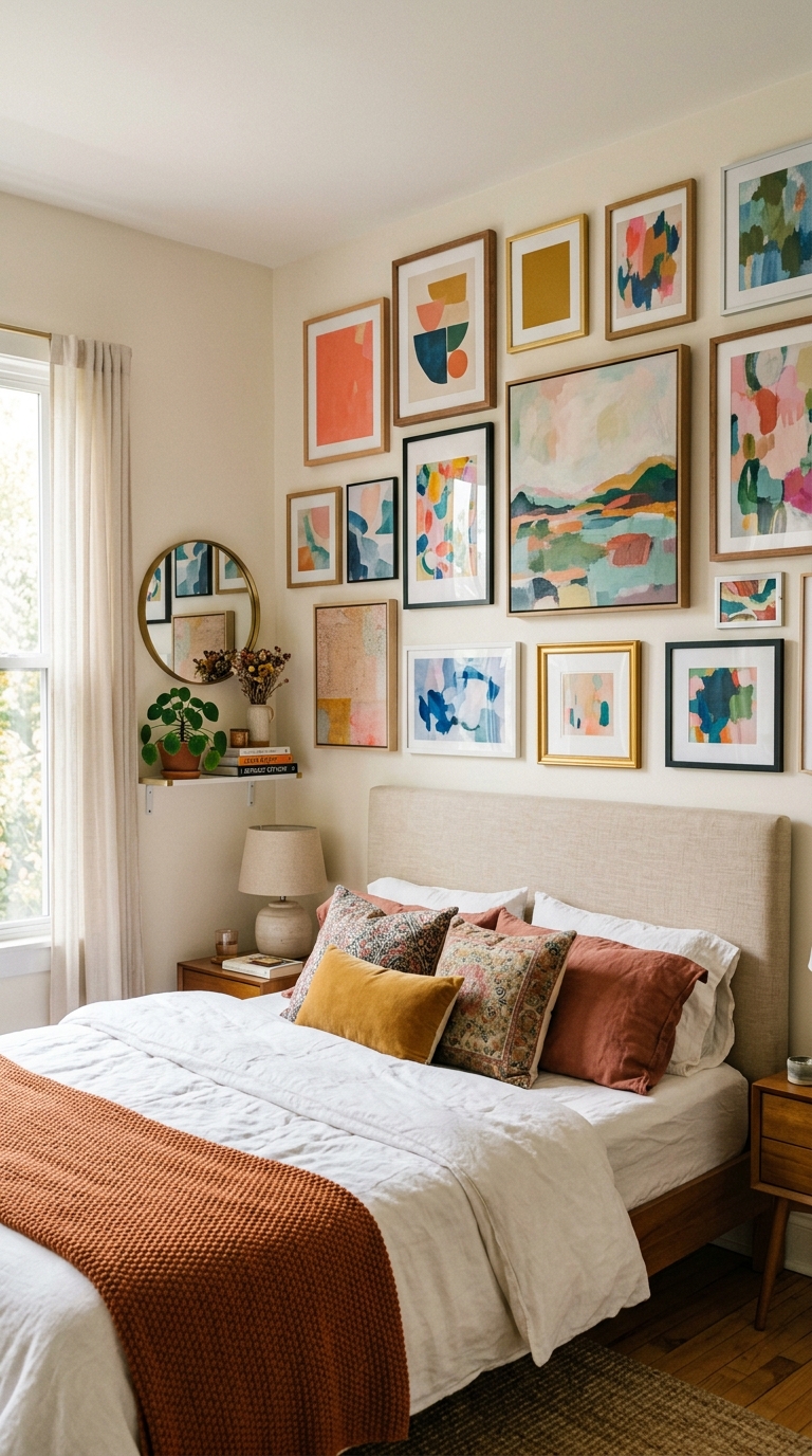 Colorful abstract gallery wall art above the bed in a whimsical bedroom.