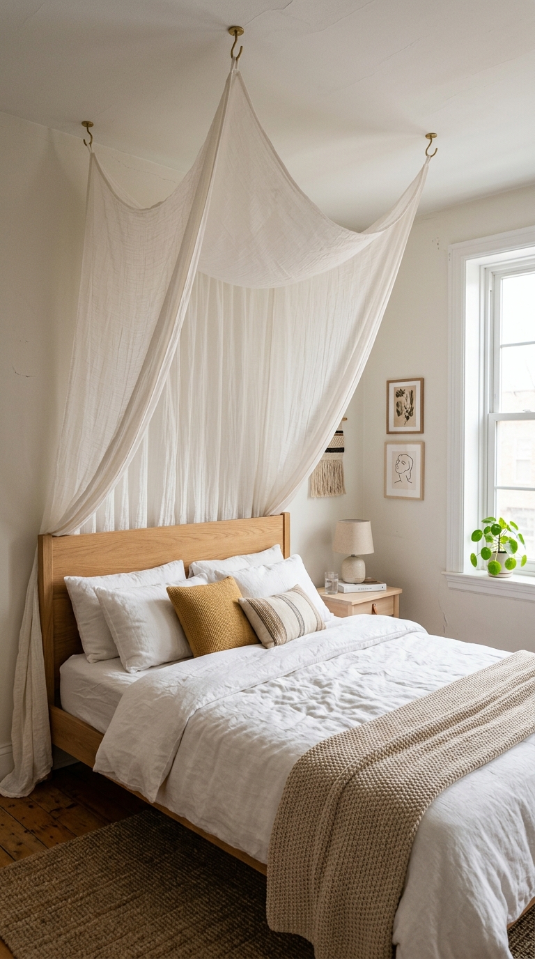 Renter-friendly hook-hung sheer canopy curtains ovhimsical bedrer a woom bed.