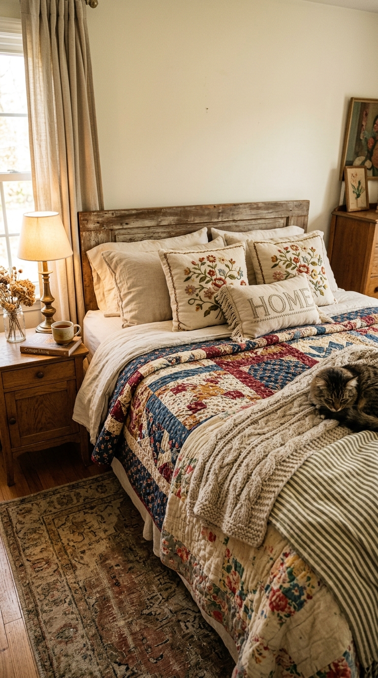 Layered vintage-inspired bedding creating a cozy, collected-over-time whimsical bedroom look.