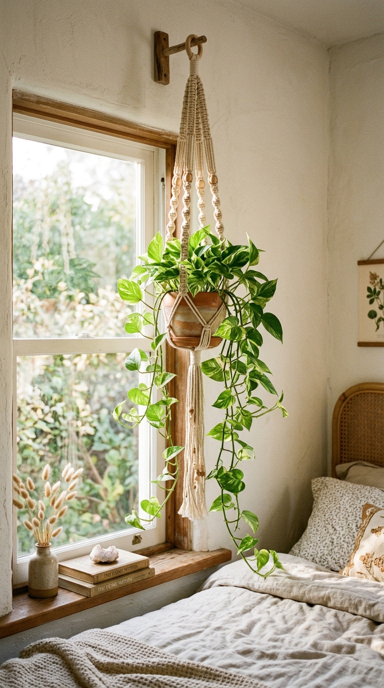 Trailing plant in a macrame hanger adding boho whimsical charm near a bedroom window.