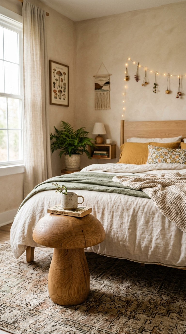 Mushroom-shaped wooden stool adding a playful whimsical accent to a bedroom.