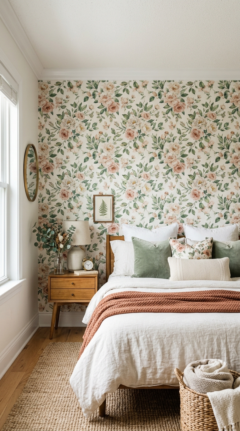 Peel-and-stick floral wallpaper accent wall in a renter-friendly whimsical bedroom