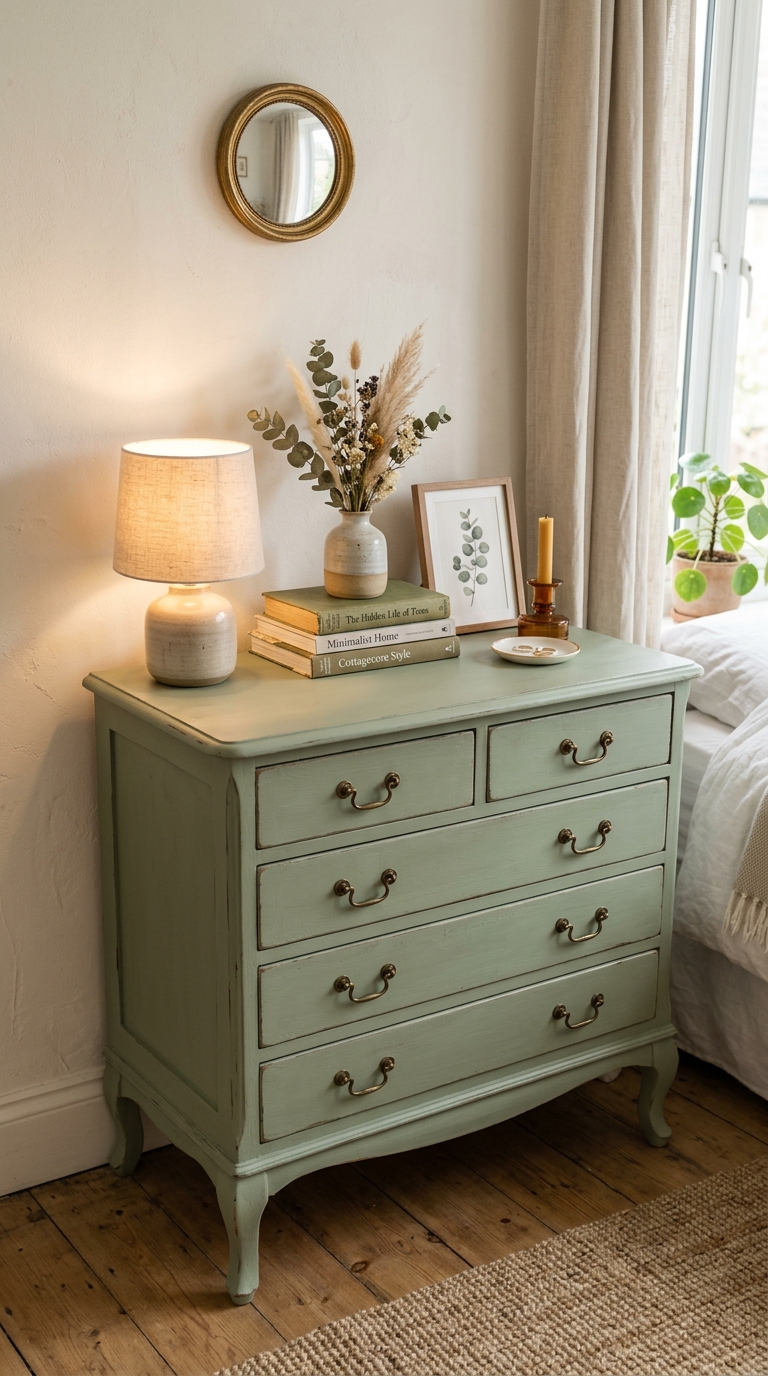 Repainted sage green thrifted dresser as a whimsical bedroom statement piece.