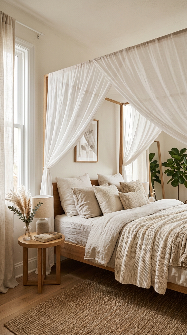 Whimsical bedroom idea with a sheer white canopy draped over the bed for a dreamy, fairytale feel.