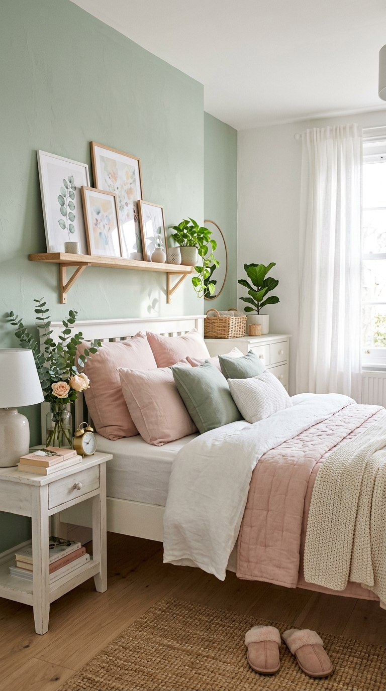 Soft pastel color palette in blush and sage creating a gentle whimsical bedroom