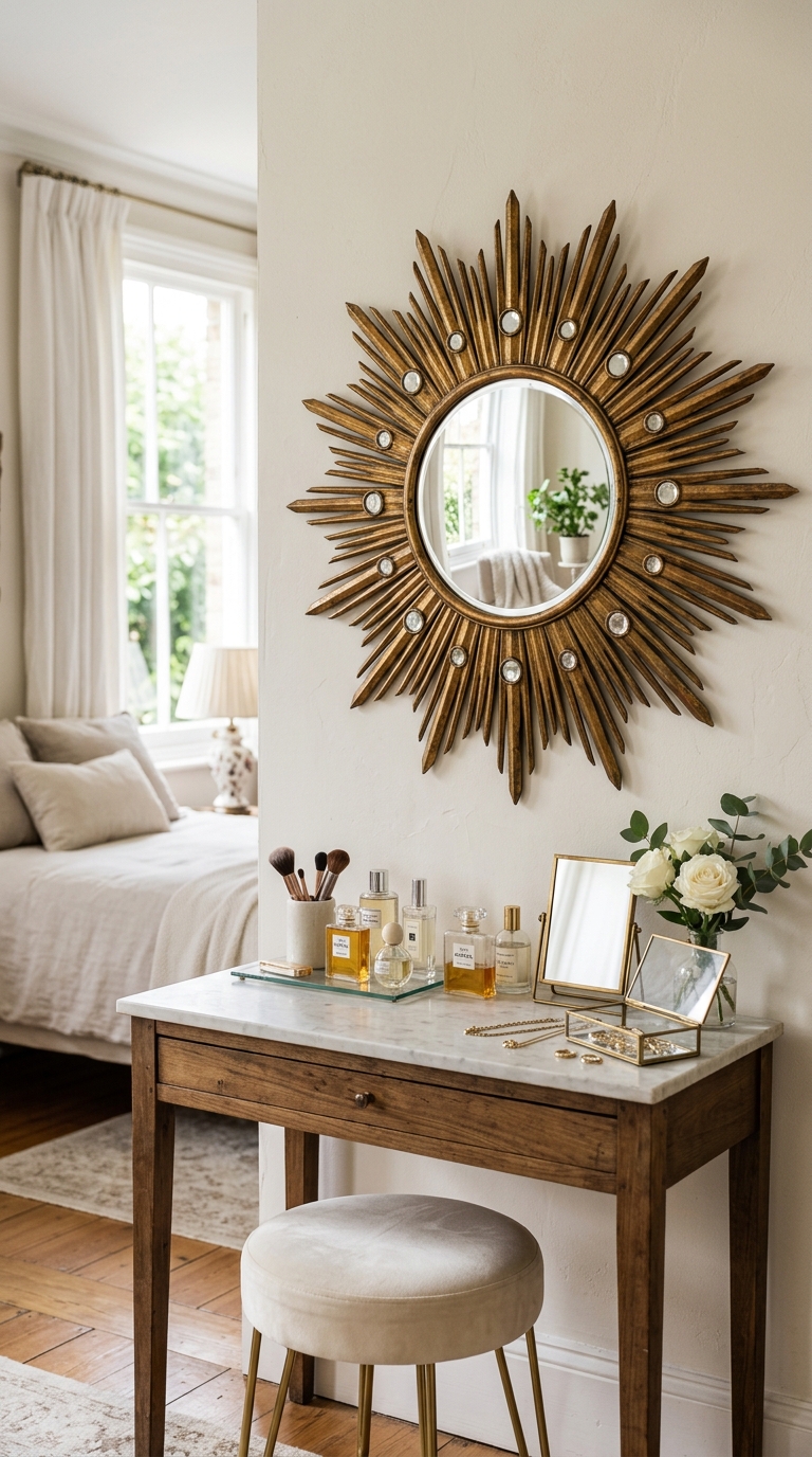 Antique gold starburst mirror adding light and charm to a whimsical bedroom.