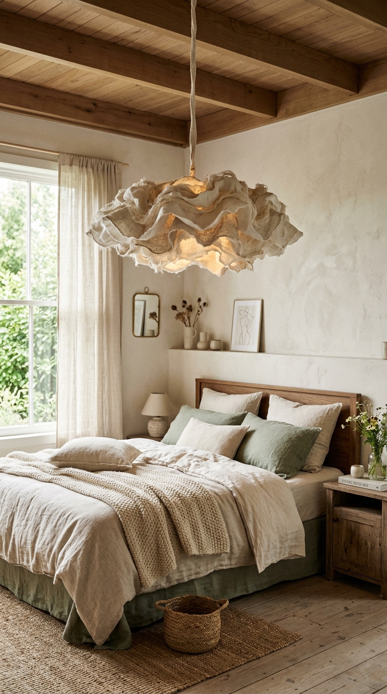 Sculptural statement light fixture adding whimsical charm to a bedroom ceiling.