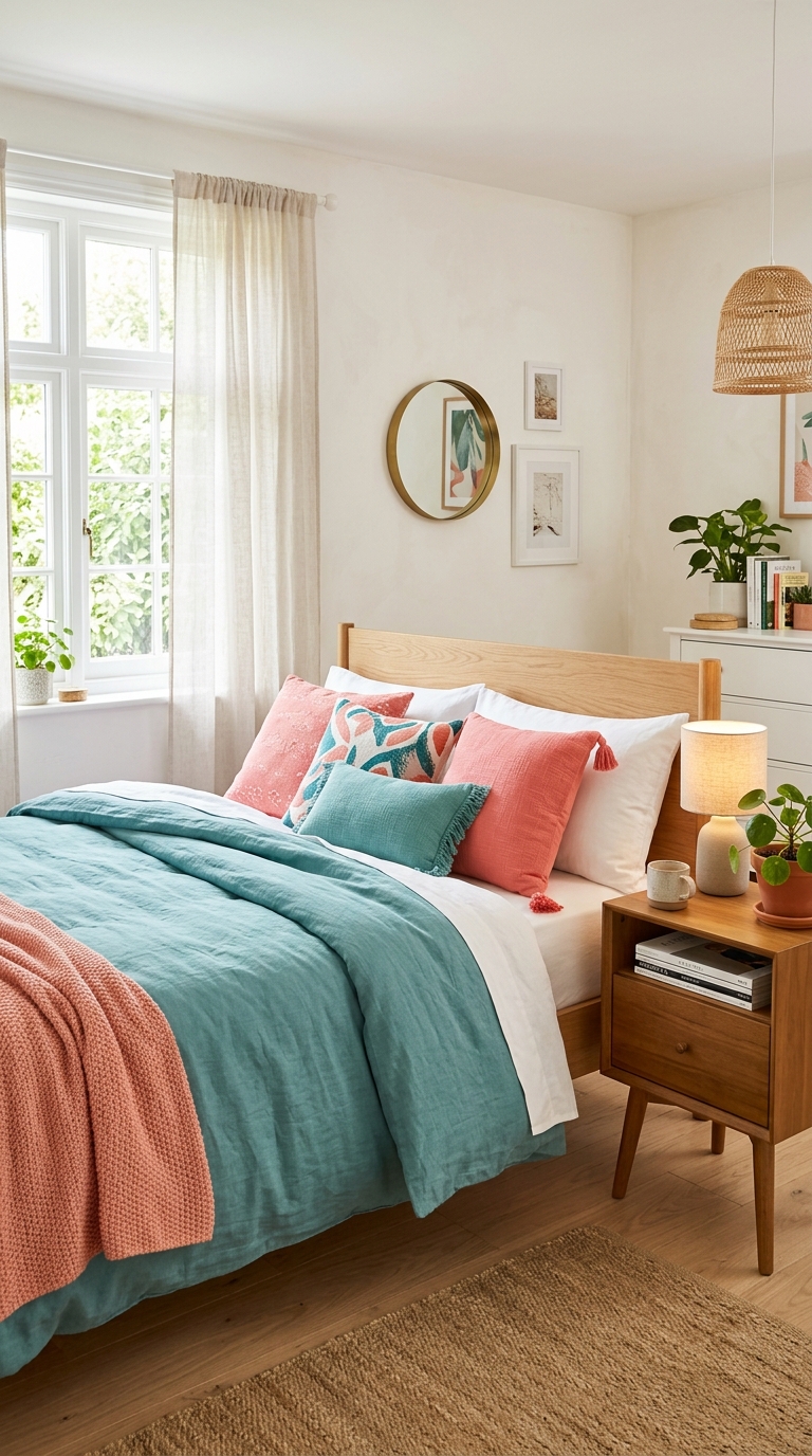 Unexpected teal and coral color pairing in a playful whimsical bedroom design.