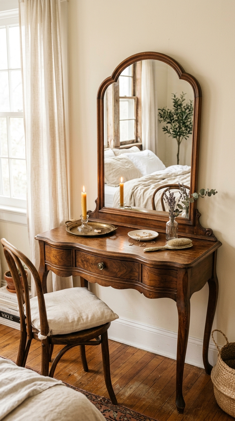 Vintage wood vanity with curved legs styled in a charming whimsical bedroom corner.