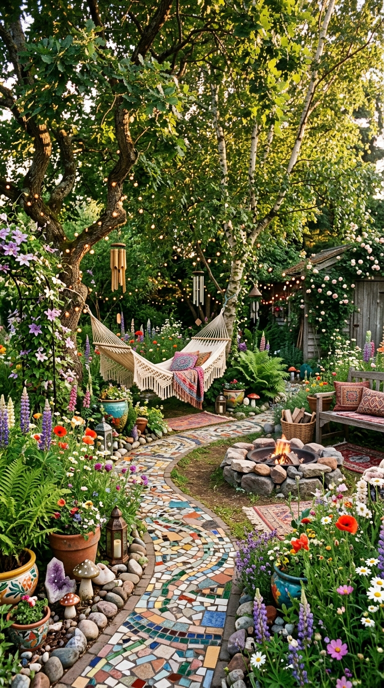 Dreamy whimsical hippie backyard garden