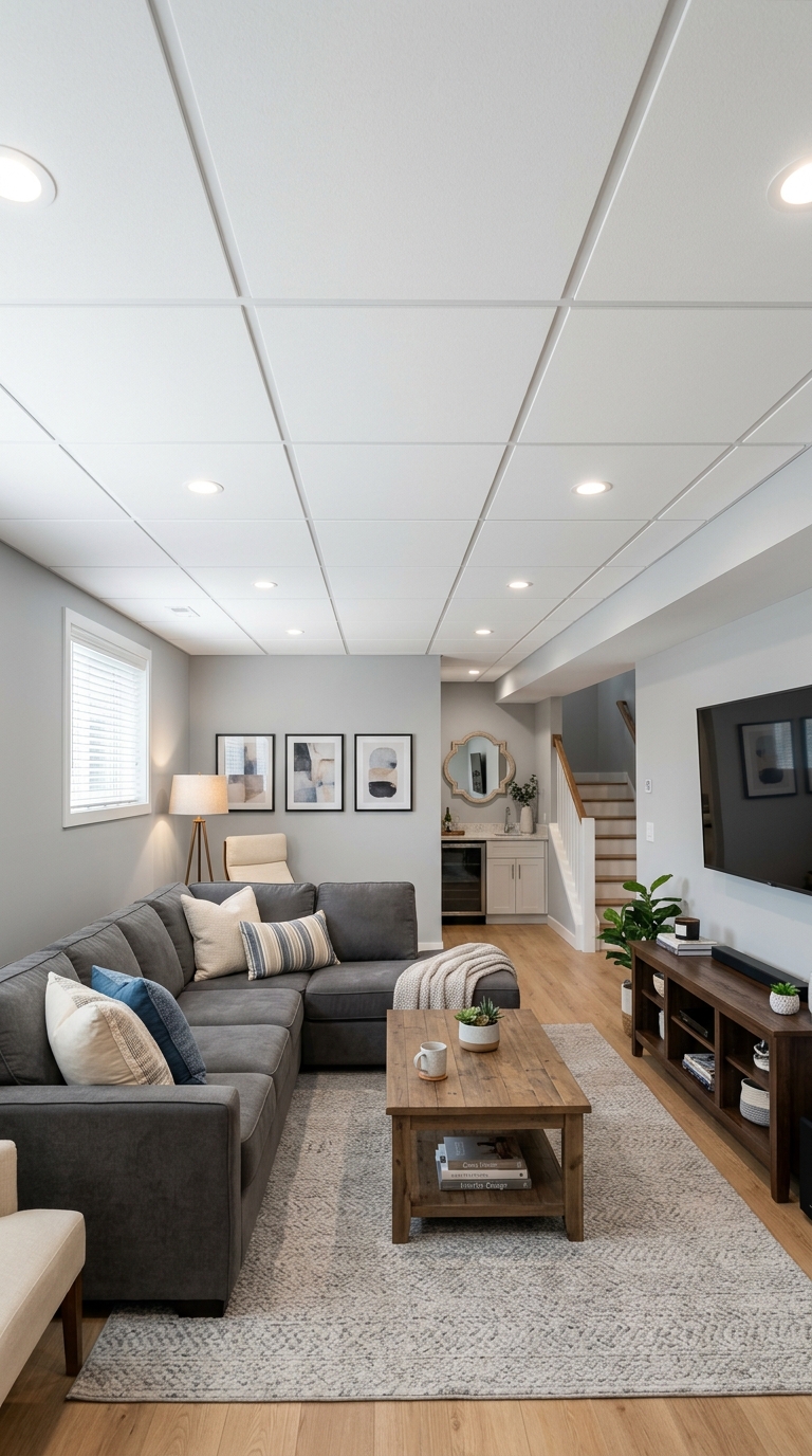 Modern smooth white drop ceiling in a finished basement