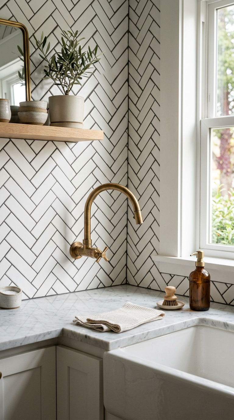 White herringbone backsplash with charcoal grout in a modern kitchen