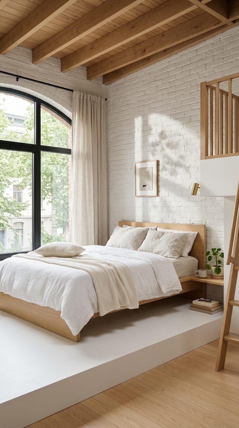 Minimalist white loft bedroom with natural light and simple oak bed frame