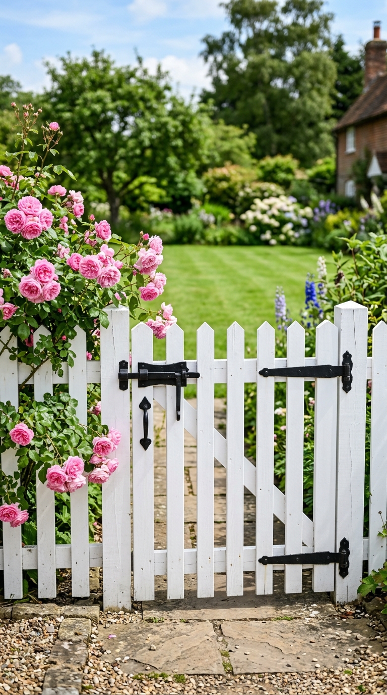 Modern white picket garden gate idea with black hardware accents