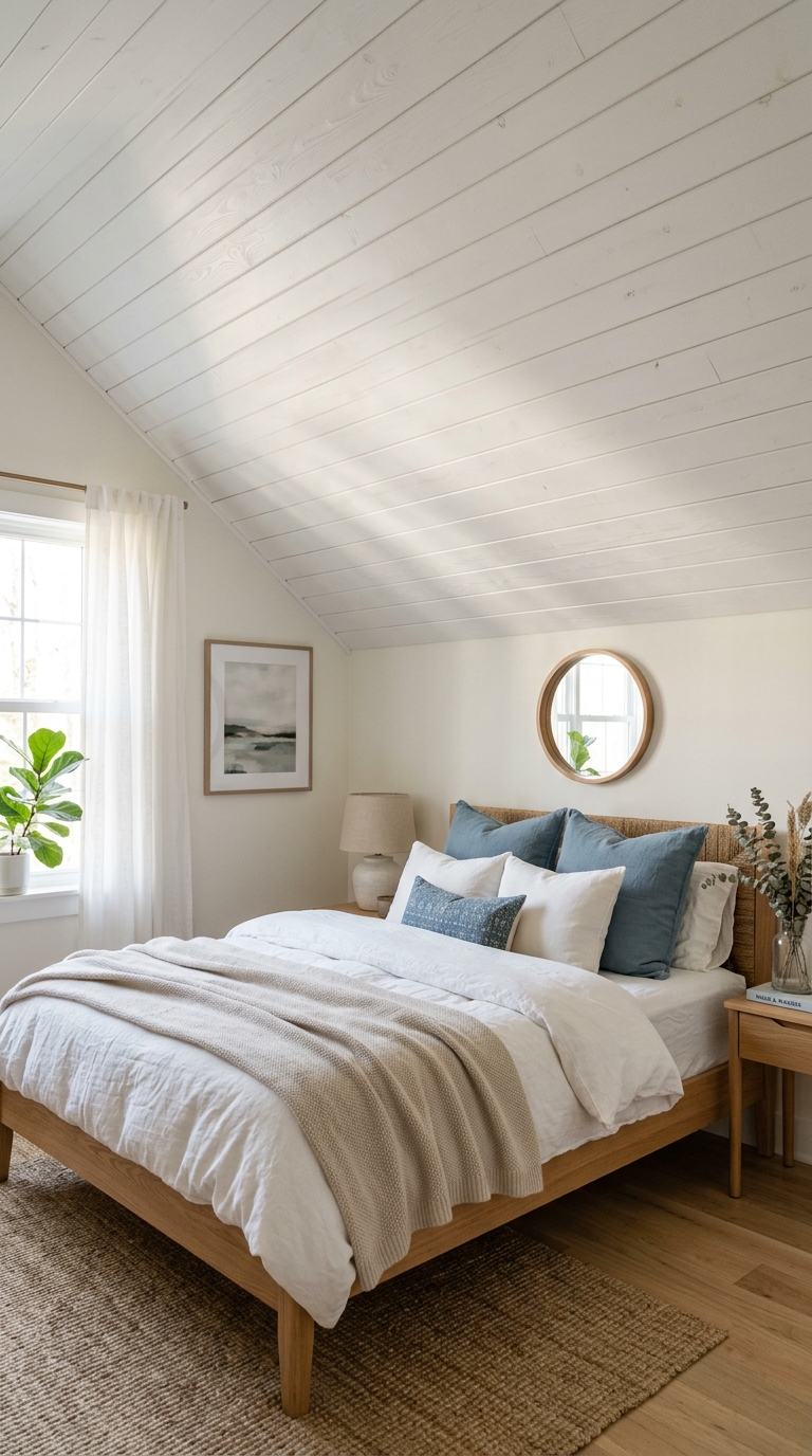 White shiplap vaulted ceiling in a bright farmhouse-style bedroom with natural oak furniture