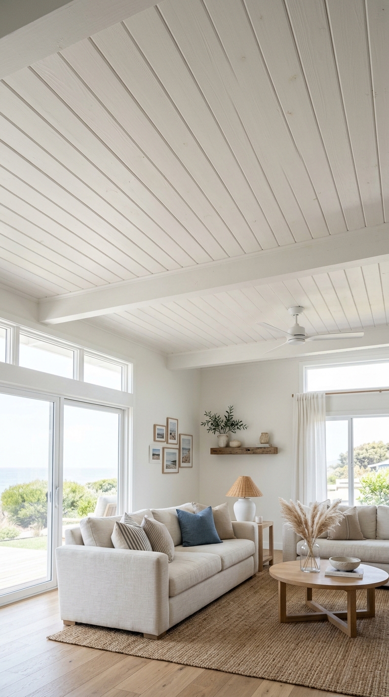 Crisp white tongue-and-groove wood ceiling in a coastal living room