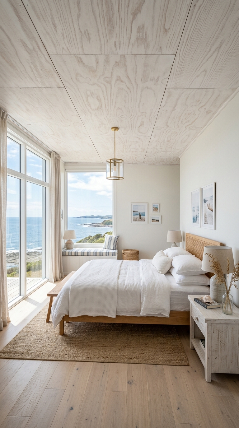 White-washed plywood ceiling in a bright coastal-style bedroom