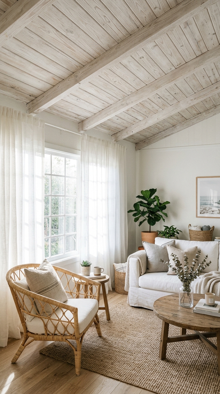 Whitewashed pine plank ceiling in a bright coastal-style living room
