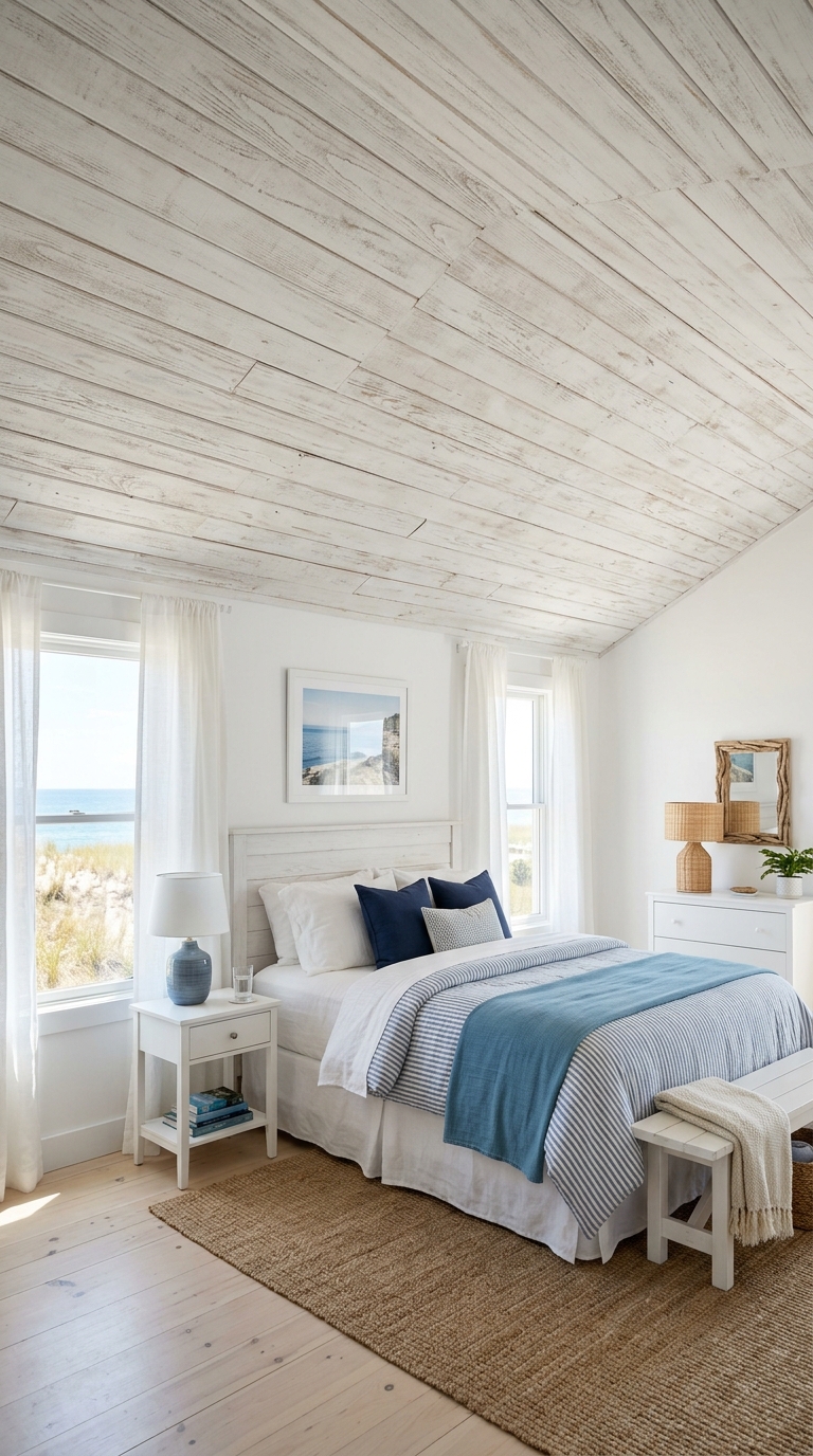 Whitewashed plywood strip ceiling in coastal bedroom