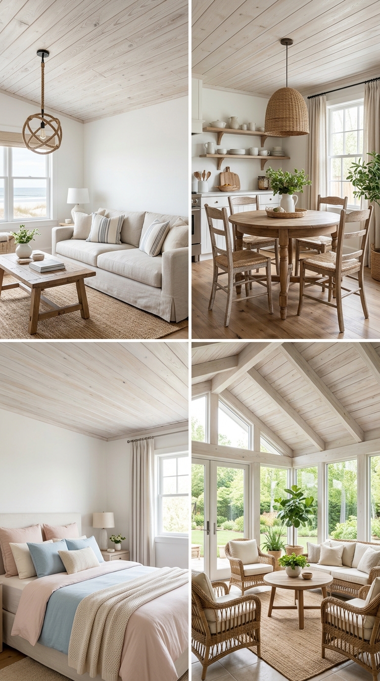 Bright coastal living room with a whitewashed wood plank ceiling that lets natural grain show through.