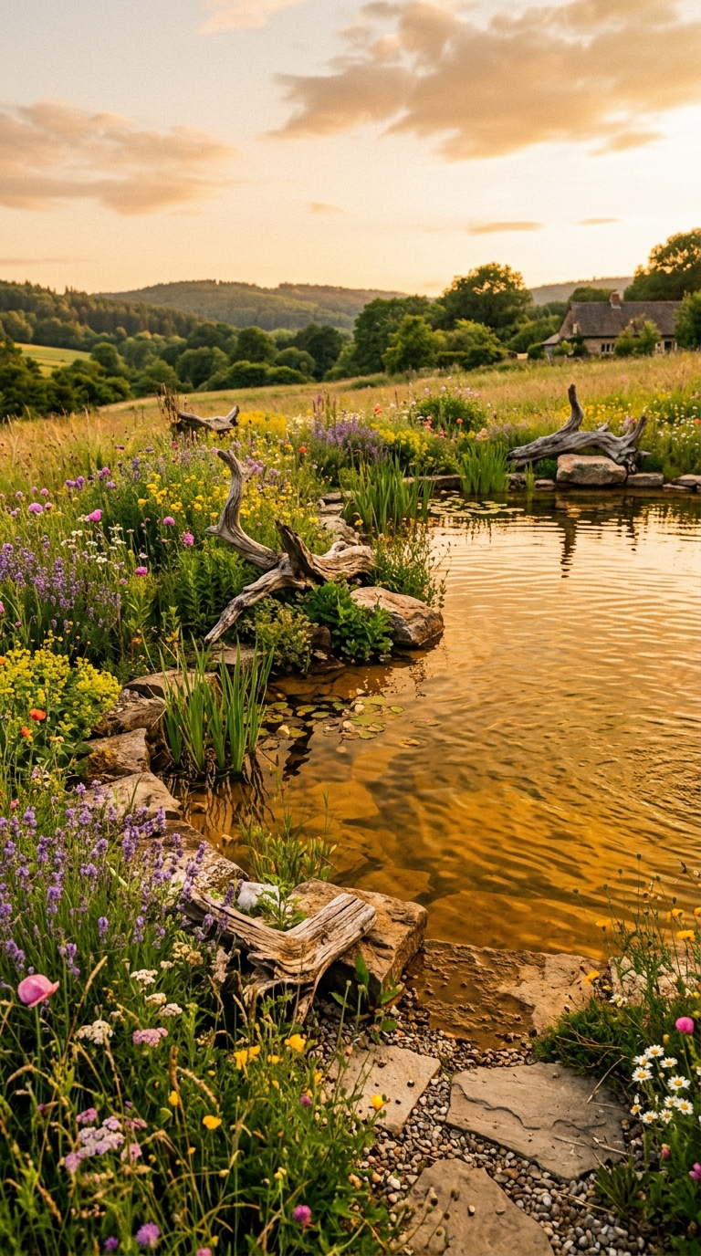 Natural swimming pool blending into a wildflower meadow with driftwood edges