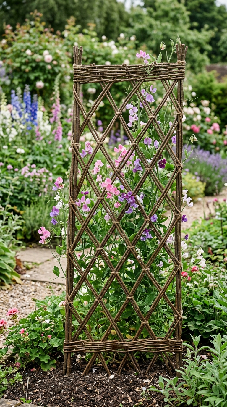 Woven willow branch trellis in a natural cottage garden
