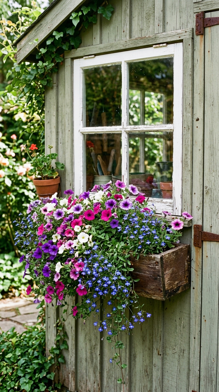 Window box with trailing flowers on a garden shed