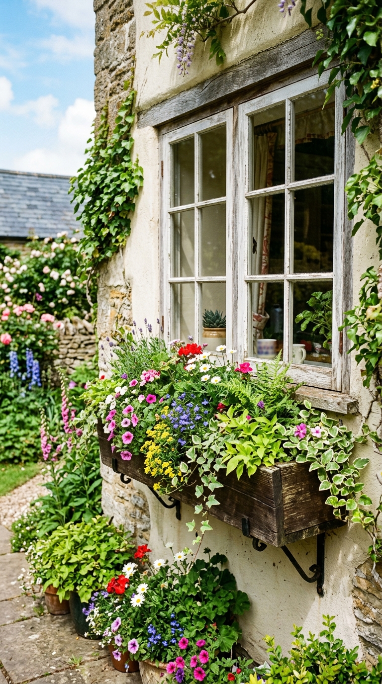 Window box planter mounted outside a kitchen window with greenery