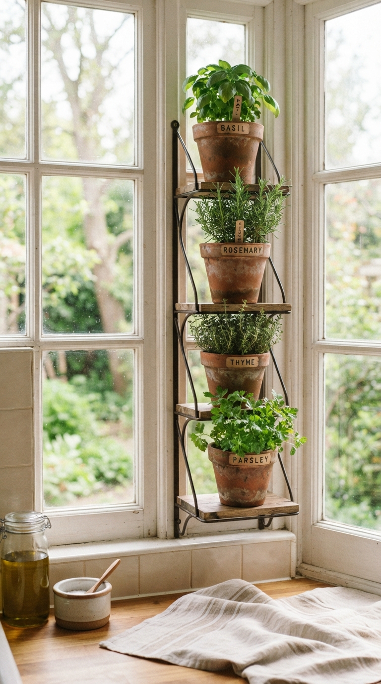 Window-mounted plant shelf styled with fresh herbs in terracotta pots
