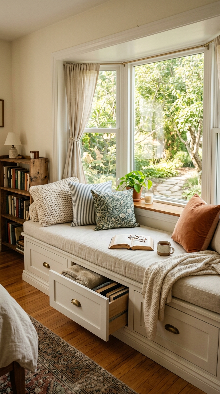 Window seat with hidden storage drawers in bedroom