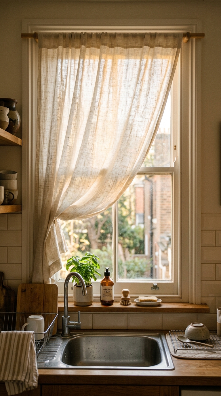 Soft linen curtain over an apartment kitchen window