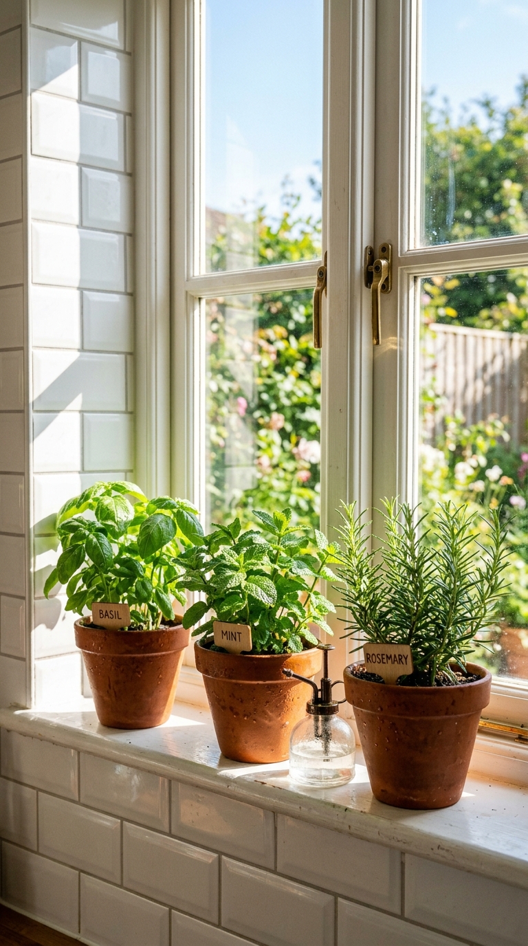 Fresh herb garden in terracotta pots on a sunlit kitchen windowsill