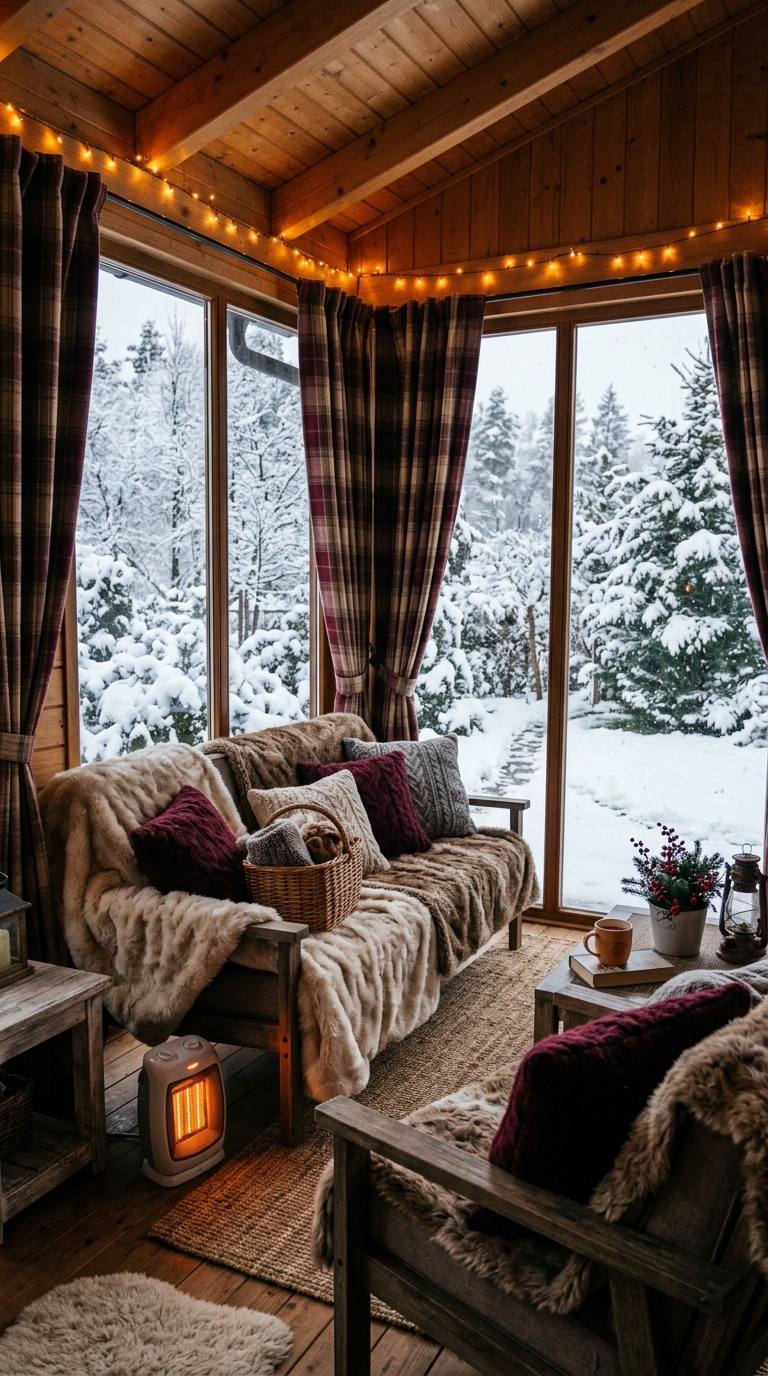 Winter enclosed porch decor idea with cozy blankets and warm lighting