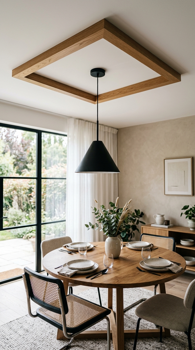 Wood accent strip framing a pendant light on a white ceiling