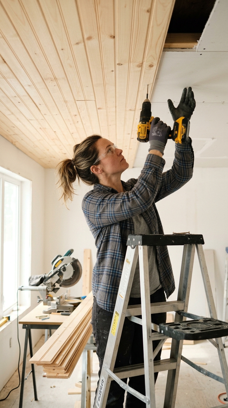 DIY installation of budget wood ceiling planks