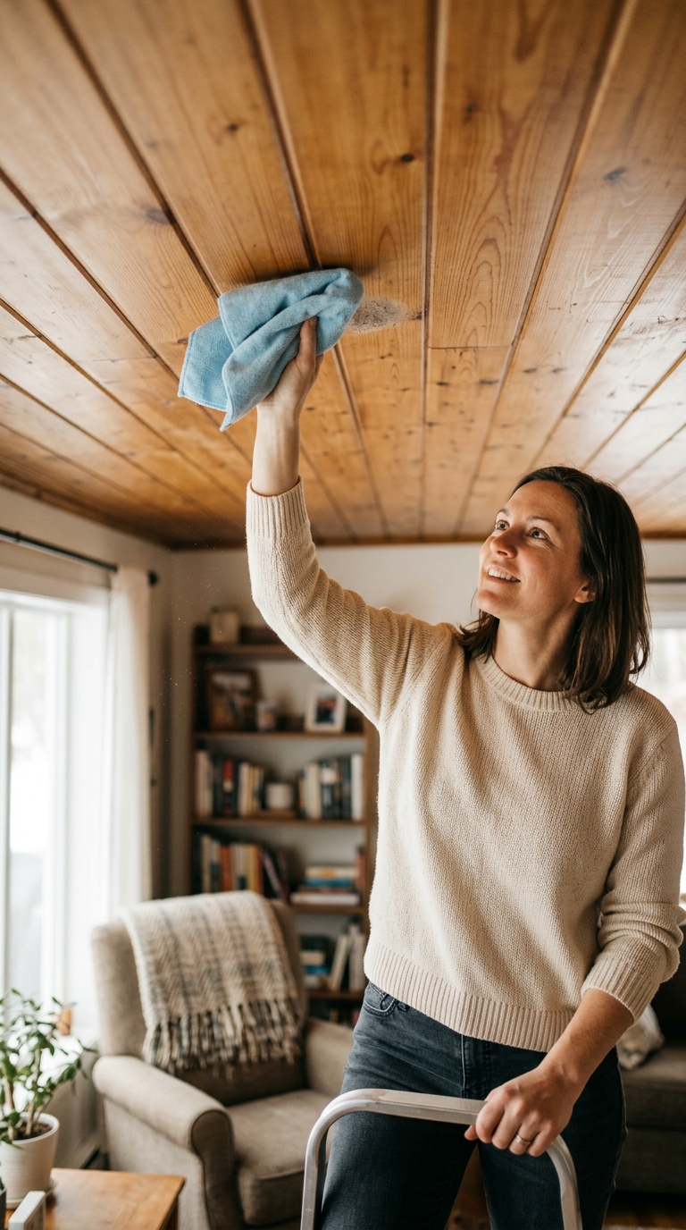 Dusting and maintaining an inexpensive wood ceiling